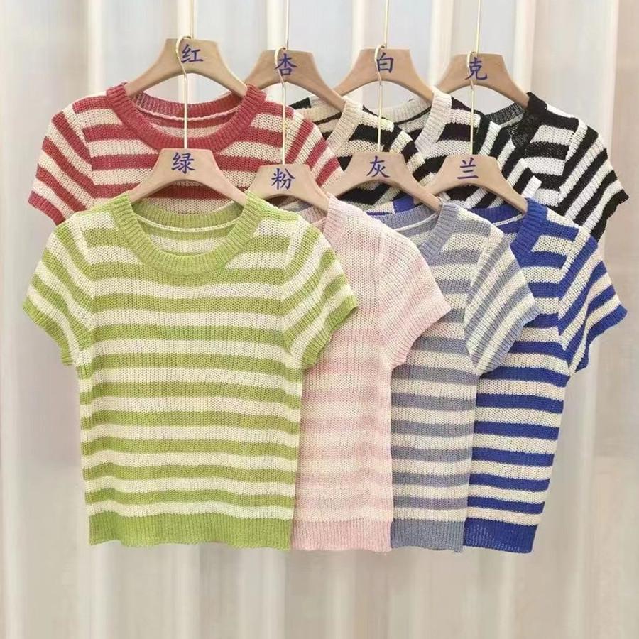 Round Neck Striped Color Blocking Short-sleeved Knit Sweater Female Spring and Summer Design Sense Niche Slim Top Tide Casual Slim Fit Pullovers Tees