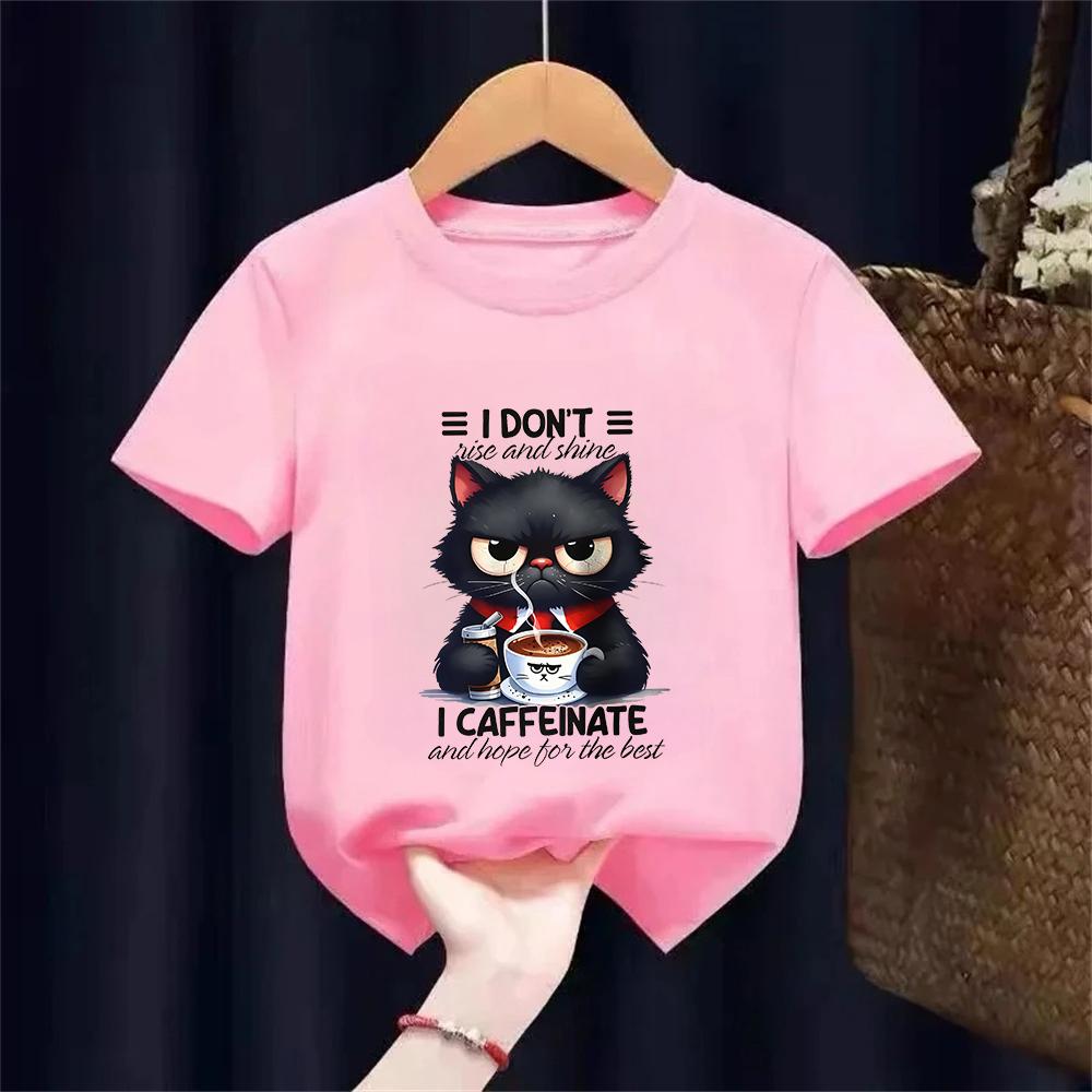 Coffee Loving Cat Print Kids 100 Cotton TShirt Soft Breathable Round Neck Short Sleeve Tee Boysgirls Quirky Style