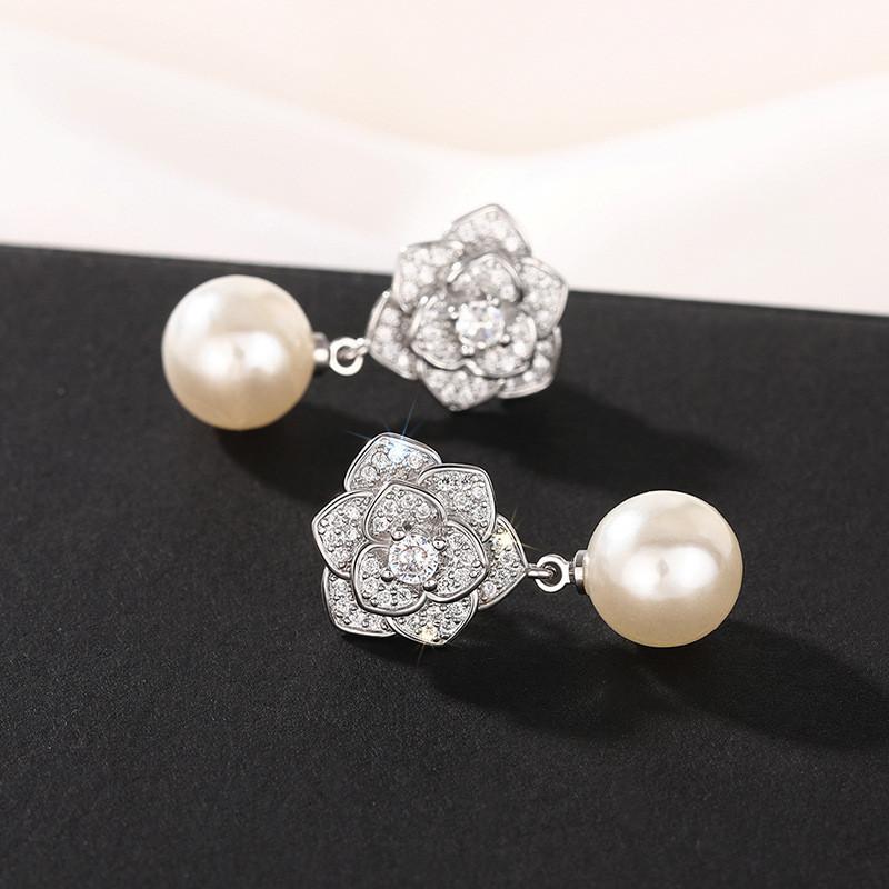 Sterling  Flower Pearl Drop Earrings for Women Elegant Gorgeous Ear Piercing Accessories Wedding Engagement Jewelry