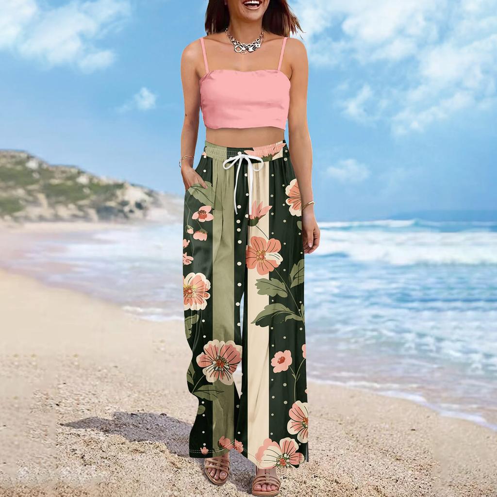 Women Summer Boho Palazzo Pants High Waist Wide Leg Floral Printing Casual Trousers With Pockets