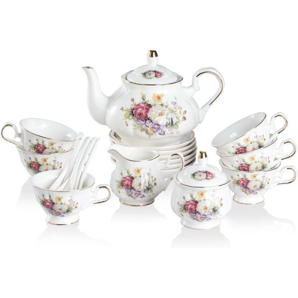 Vintage Floral Embossed Gold Teapot Cup and Saucer Set, Tea Service for 6 People, Including Teapot, Sugar Bowl, Milk Jug