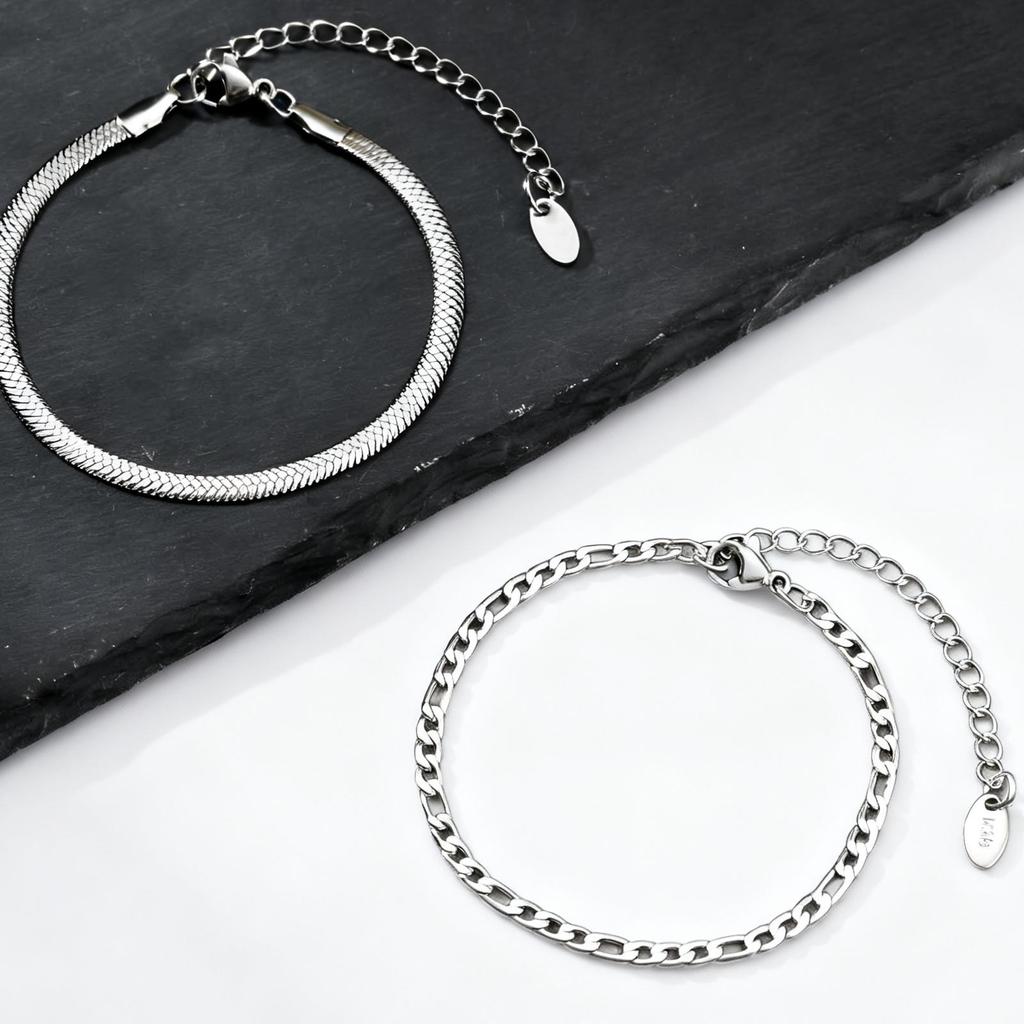 2pcs Men's Flat Chain Bracelet,Silver Color Stainless Steel Adjustable Wristband,Minimalist Unisex Jewelry Gift