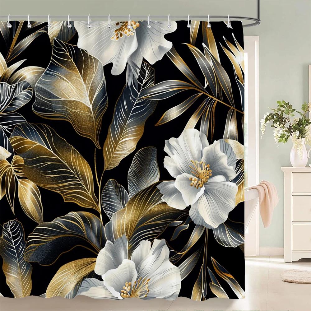 Home shower curtains for bathroom waterproof fabric Black and gold Flower bathroom Curtains with hooks decorative curtain