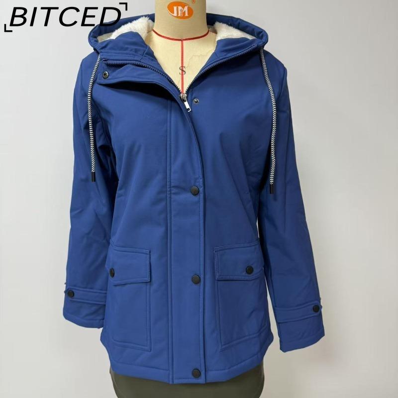 BITCED Women's Spring/Autumn Hooded Trench Coat with Fleece Lining and Water-Repellent Finish Long-Sleeved Zip-Up Cardigan