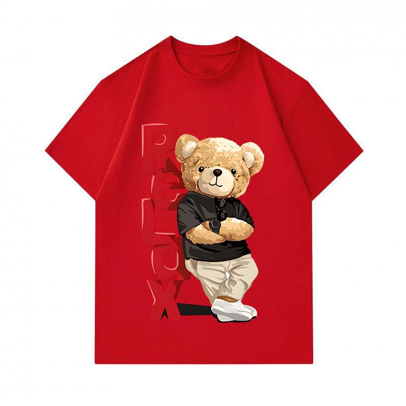 Men's 100% Cotton Crew Neck Short Sleeve T-Shirt, Casual Cute Bear Relax Printed Comfortable Breathable Loose Fit Summer Daily Wear Top for Male
