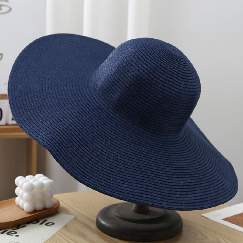 15cm Wide Brim Straw Hats For Women Summer Floppy Foldable Portable Beach Hat Girls Simple Solid Color Uv Protection Lady Panama