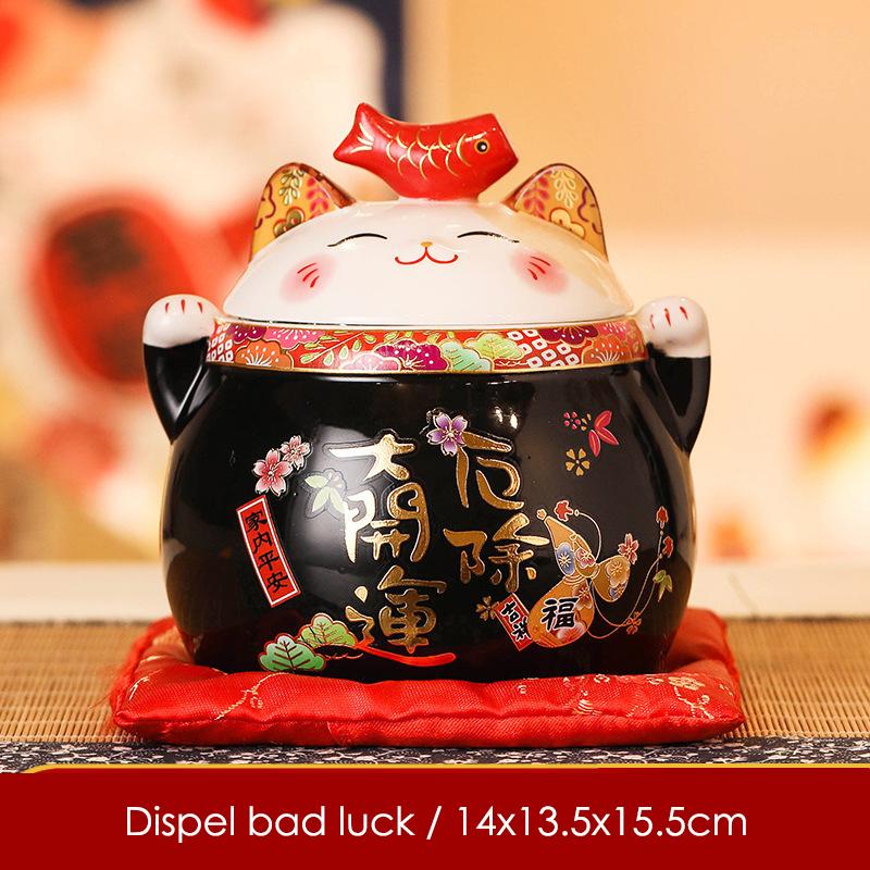 6 Inch Ceramic Maneki Neko Ornament Home Decoration Lucky Cat Figure Tabletop Candy Dish Cookie Canister Koi Fish Lid