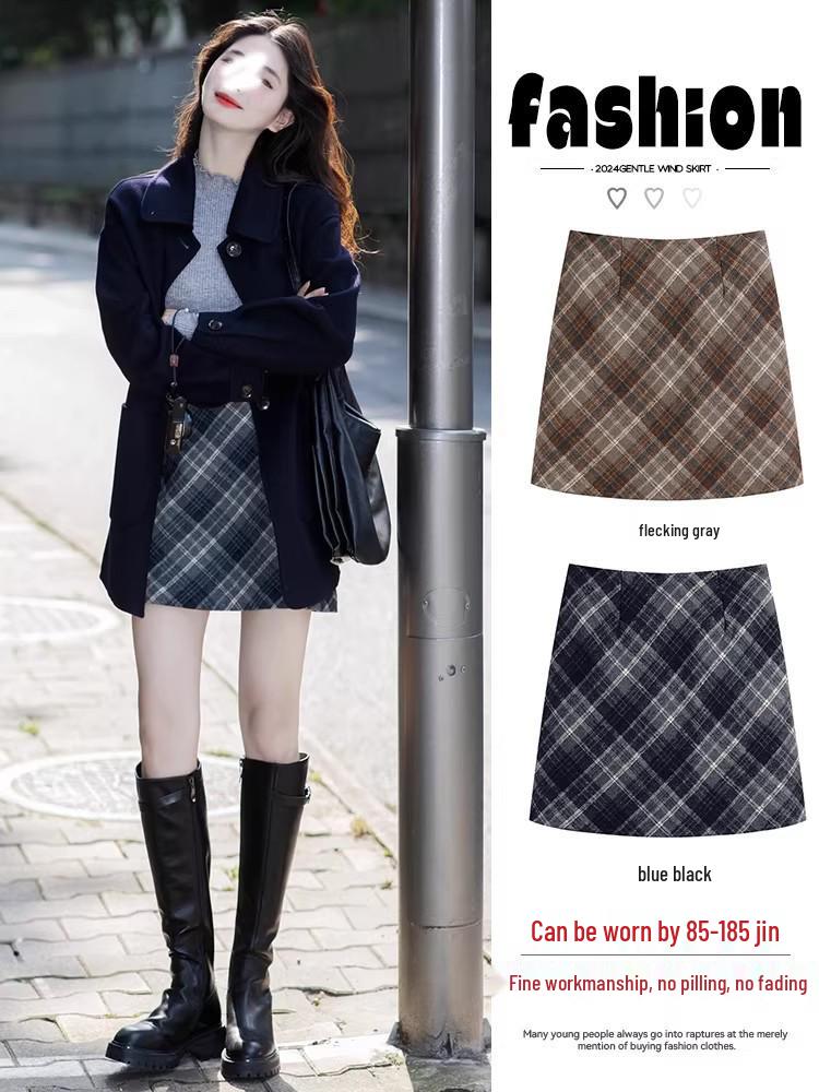 High-Waisted Wool Plaid Skirt: Plus and Petite Sizes, Slimming A-Line, Hip-Hugging Design