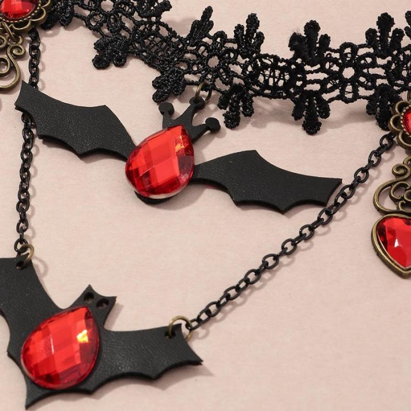 1pcHalloween Necklace Gothic Dark Style Bat Ruby Heart Pendant Party Costume Dress-Up Necklace Holiday Gift