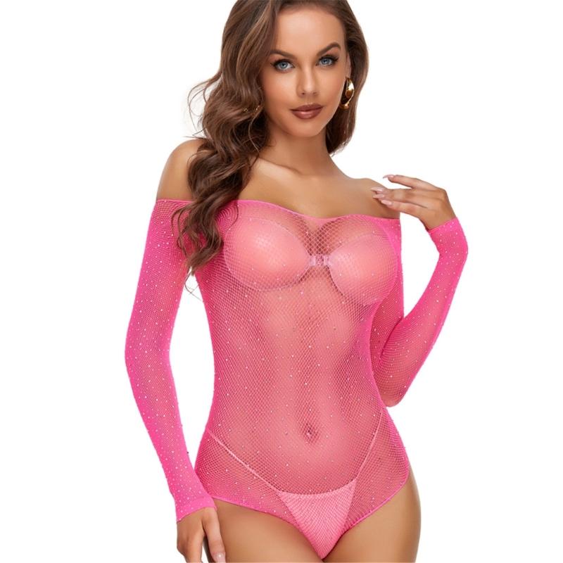Womens Babydoll Lingerie Sheer Fishnet Mesh Long Sleeve Bodysuit Sparkling Rhinestones Jumpsuit Leotard Top Nightwear