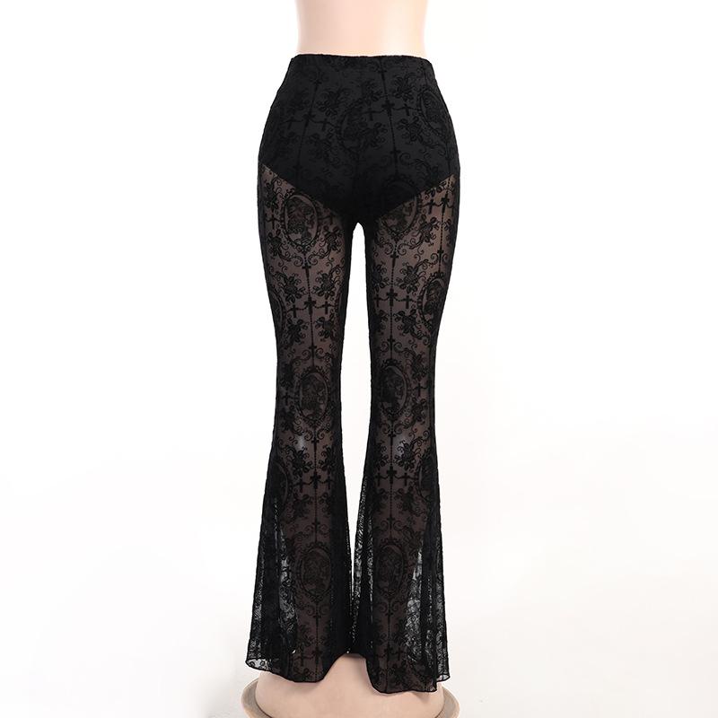 AltGoth See Through Mesh Pants Women Dark Gothic High Waist Lace Flare Pants Vintage Streetwear Fairy Grunge Race Trousers Femme