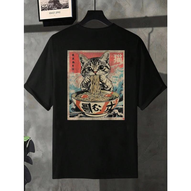 European sizes A Men'S Short-Sleeve T-Shirt Featuring a Cute Cat Design, with a Loose Fit, Stylish Casual Round Neck