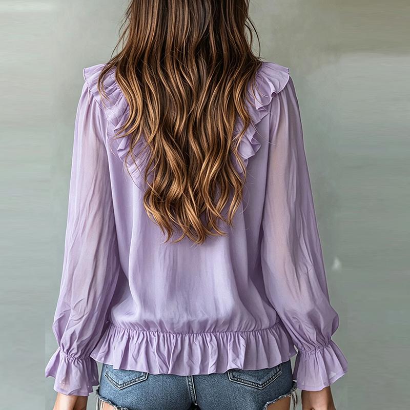 Elegant Women Long Sleeve Blouses White Ruffle Solid Color V Neck Casual Daily Blusas Spring Autumn Shirts Office Lady Tops