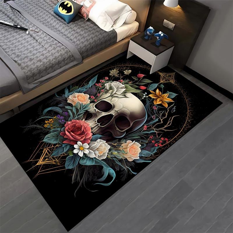 Floral Skull Print Decorative Carpet with Black Background, Gothic Style Suitable for Use As an Anti-slip for Living Room Bedroom Sofas
