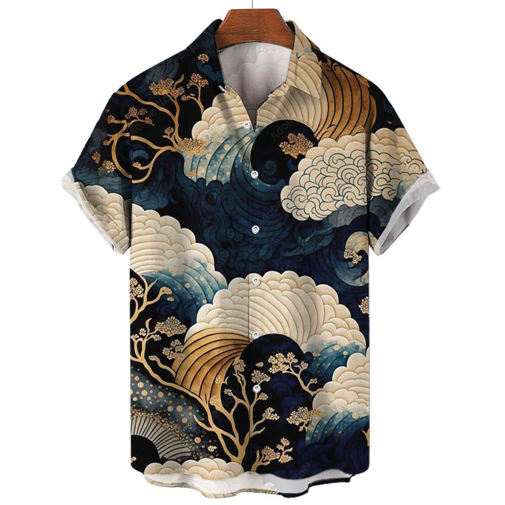 Summer Fashion Sutra of Mountains and Seas Ukiyoe Wave Print Men's Short Sleeve Shirts Casual Daily Street Trend Tops Oversized
