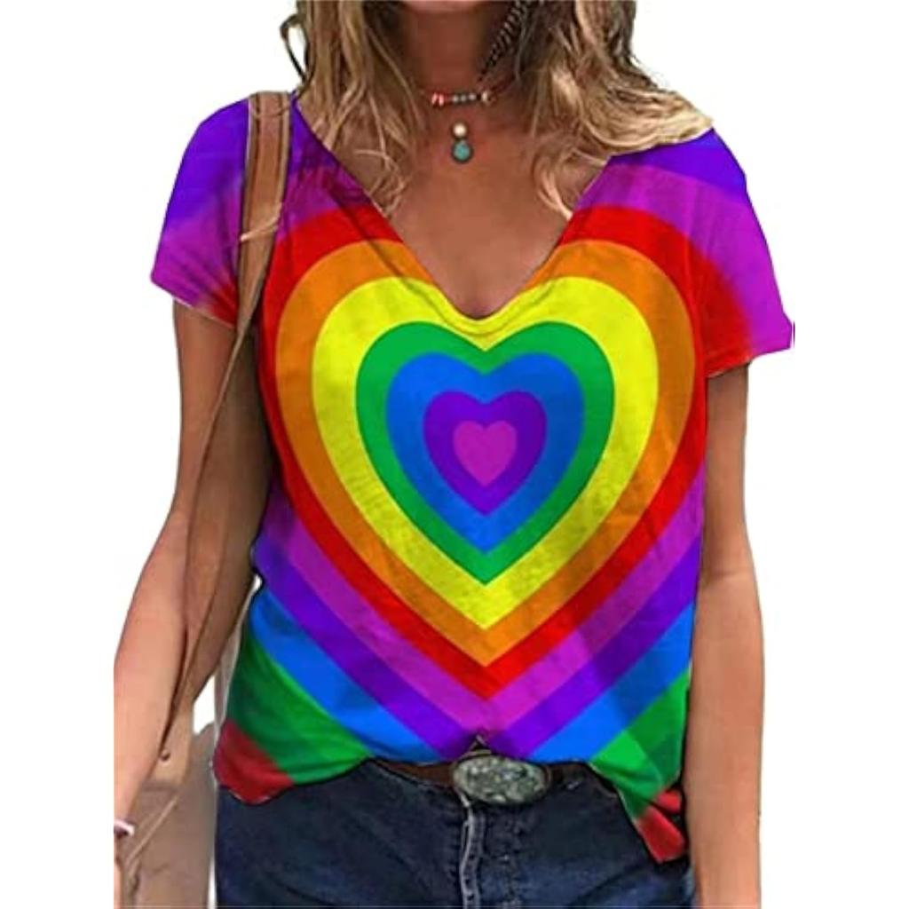 Summer V-neck 3D Printed Rainbow Pattern Top Fashionable Casual Short Sleeved Women's T-shirts