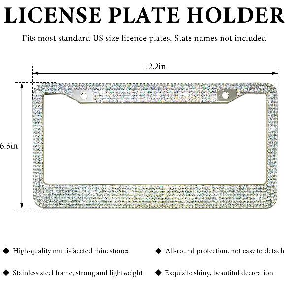 Bling Car License Plate Frame, 2 Holes Stainless Steel Sparkly Auto Tag Cover with Screws Caps, Bedazzled Rhinestone Licence Plate Holder Vehicle