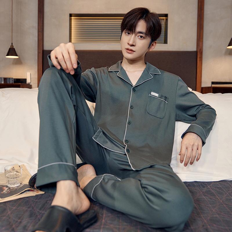 Antibakterieller Herren-Schlafanzug aus reiner Baumwolle der Klasse A – Langarm-Strickjacke für Frühjahr/Herbst 2025, lässige Heimkleidung