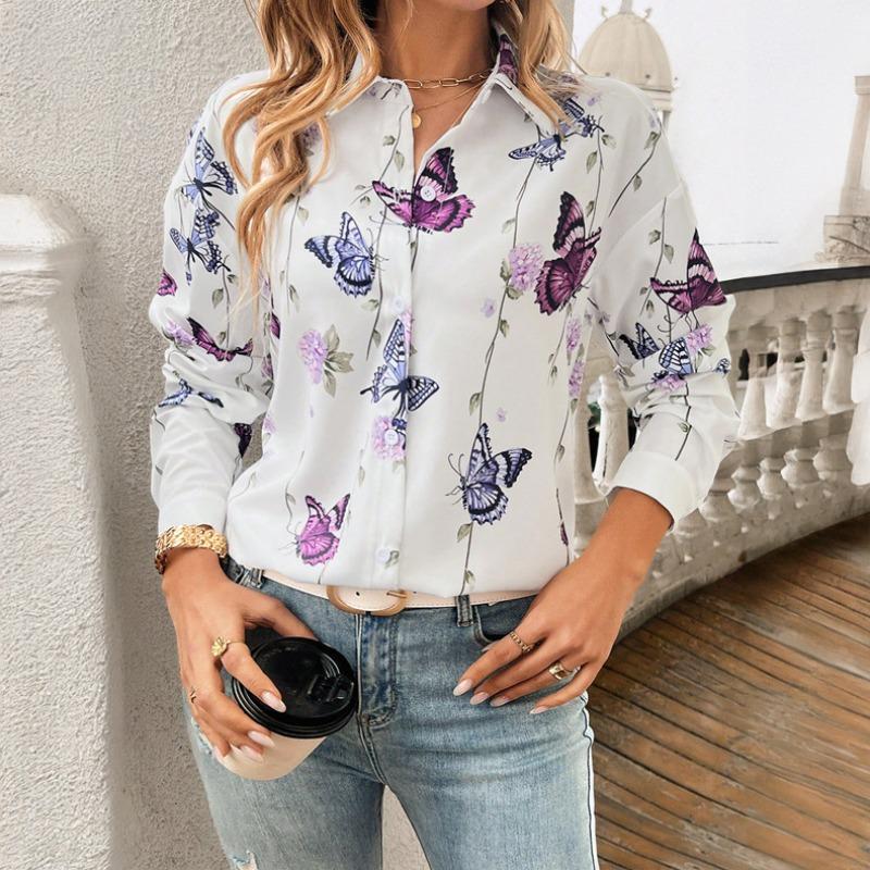 Plus Size Women's Spring Style Printed Cardigan Long Sleeved Shirt
