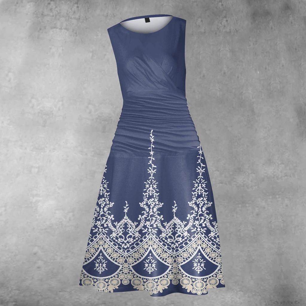 Women's Princess Dress Sexy Round Neck Printed Waist Pulled Sleeveless Dress