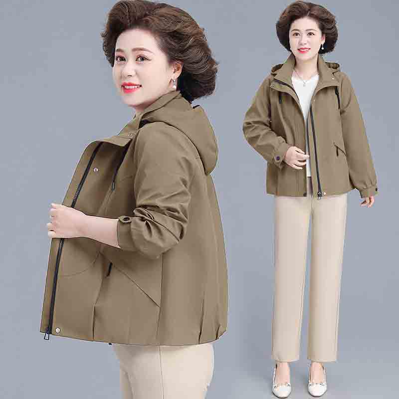 Mom's Spring Hooded Jacket for Mature Women - Solid Color, Loose Fit