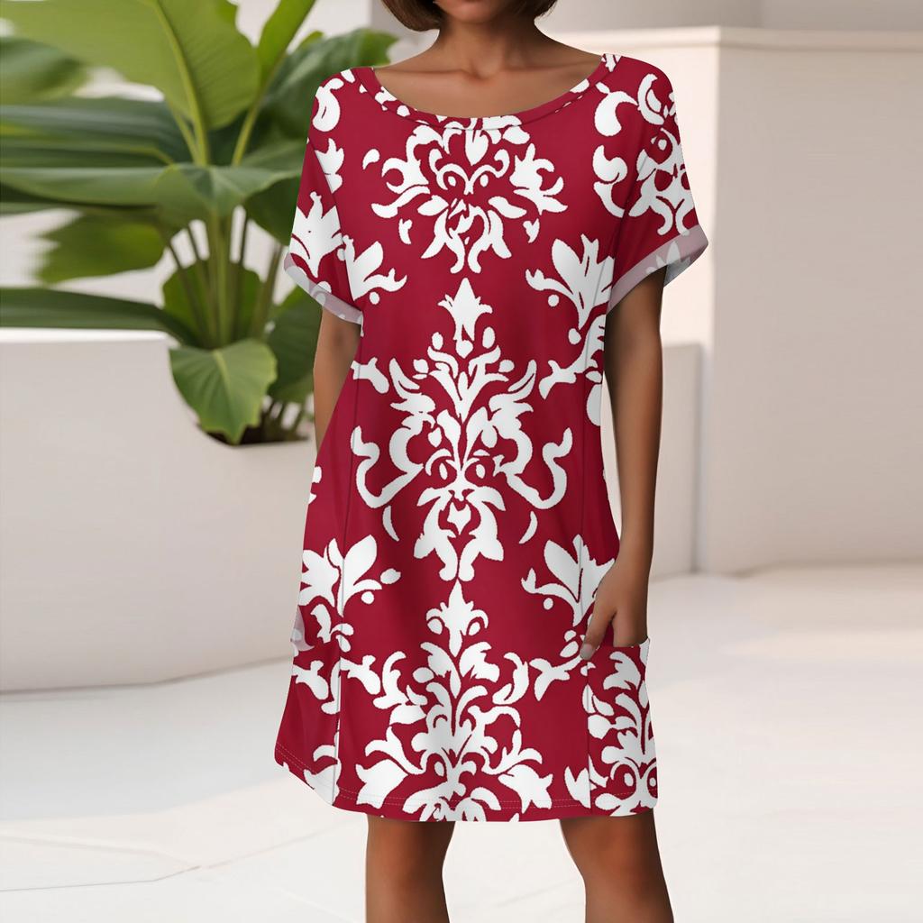 Damenmode Kurzarmkleid mit Taschen Blumendruck Lässiges Strandkleid