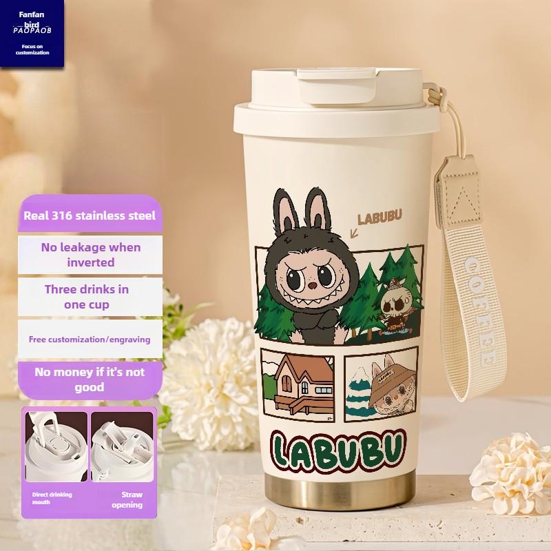 Tecknad Rostfri Stålkopp Högvärdig Termosmugg 3D Dubbel Drickstrå Kaffekopp