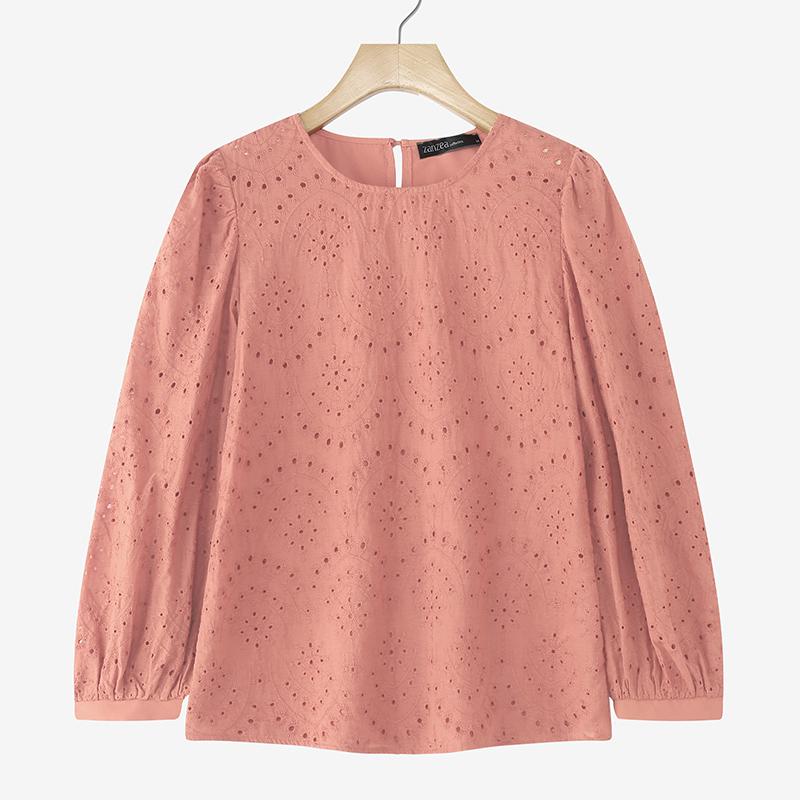 ZANZEA Women Casual Round Neck Long Sleeve Patchwork Crochet Blouse