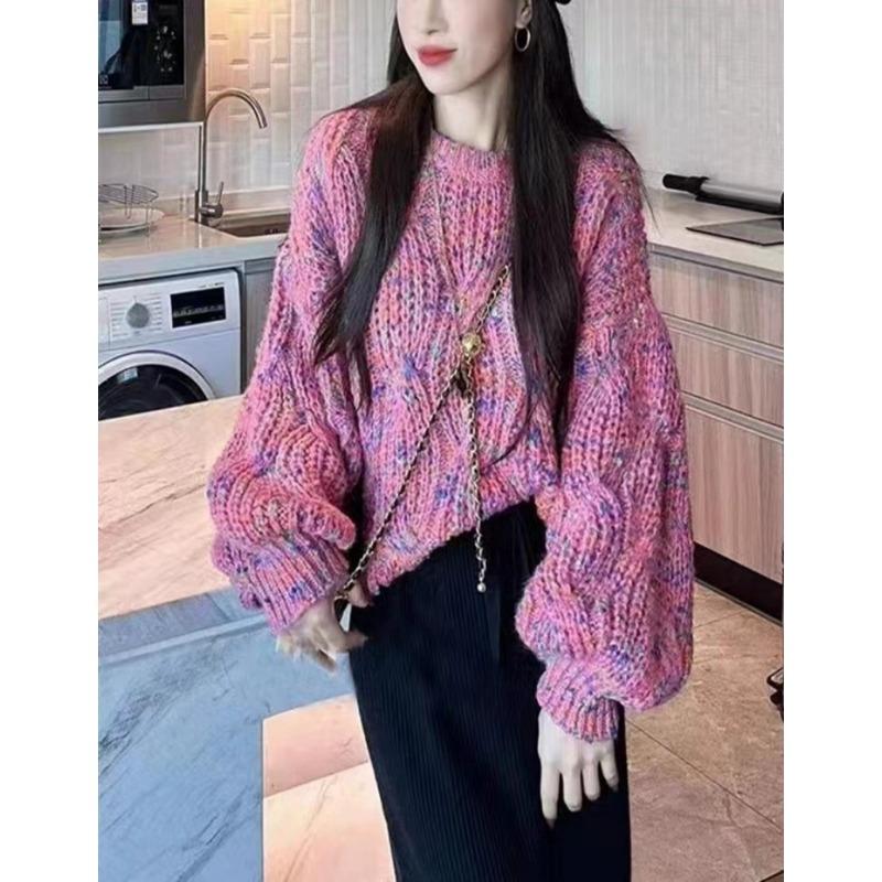 Autumn/Winter Sweater Loose Lantern Sleeve Sweater Korean Coarse Needle Color Knitted Sweater
