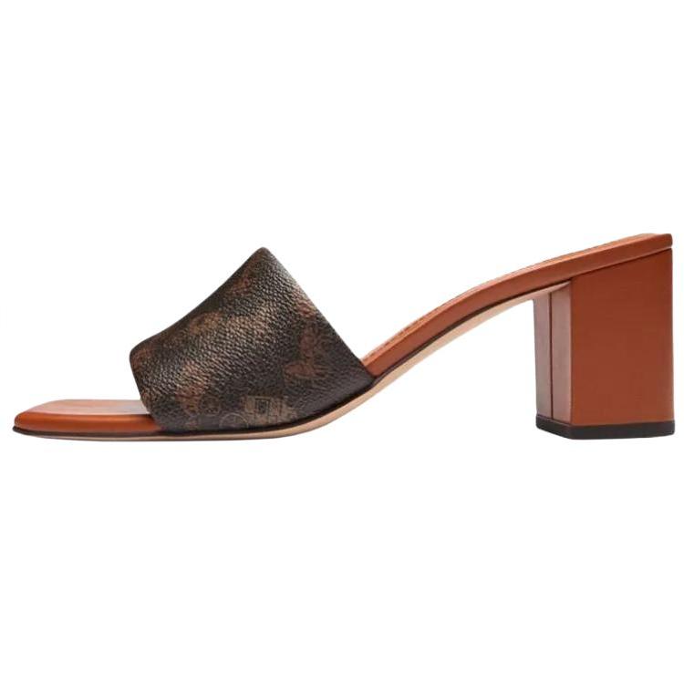 Coach Holly Square Toe Slip-On Carriage Print Block Heel Slide Sandals 6.5cm Women Sandals Brown CAS92-W8F