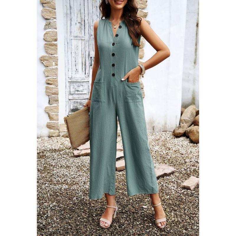 

Solid Color Sleeveless Brewed Jumpsuit Pure Color Sleeveless Breasted Jumpsuit Bean Green S