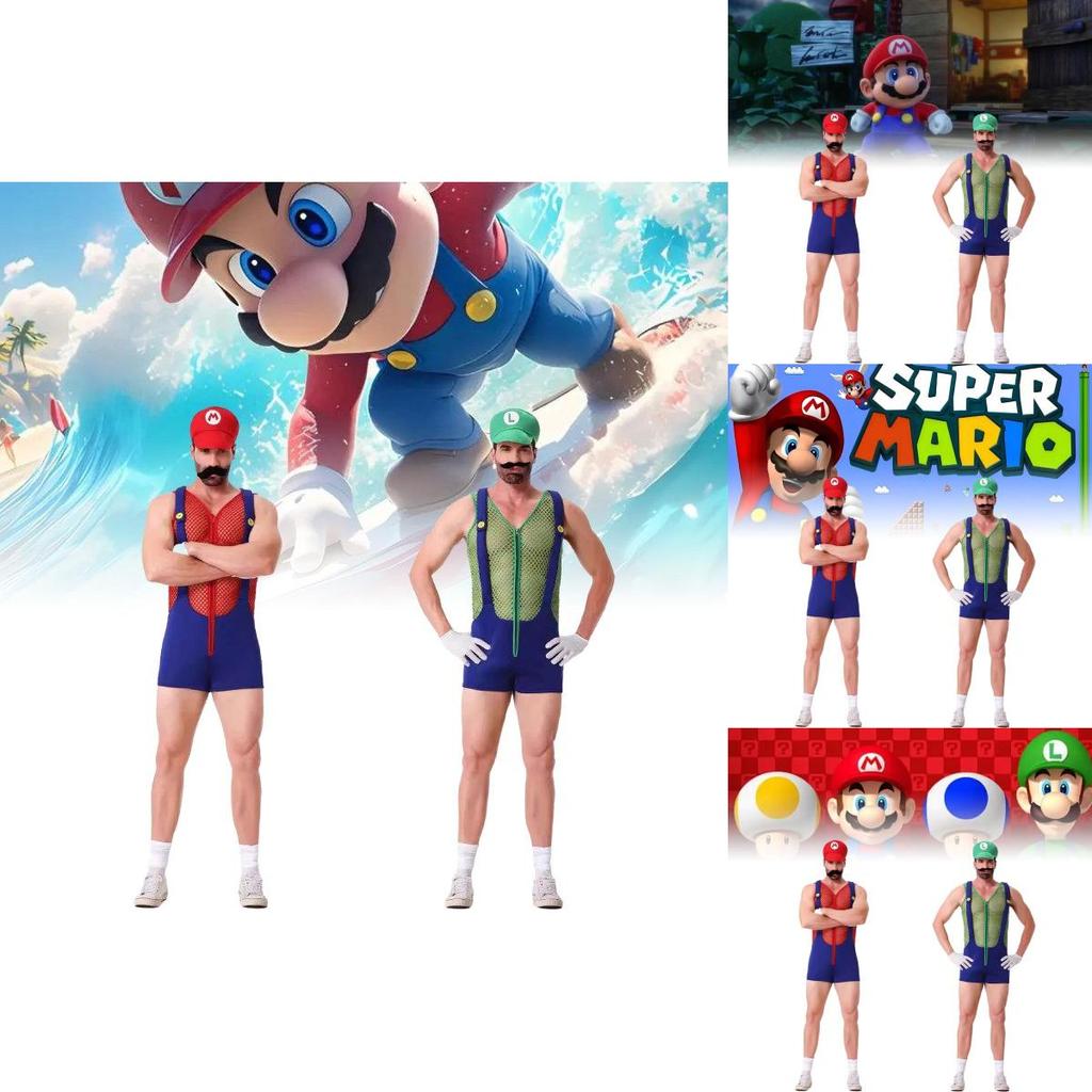 Conjunto de Disfraz de Mario Único Con Sombrero, Guantes, Bigote y Tirantes Para Adultos