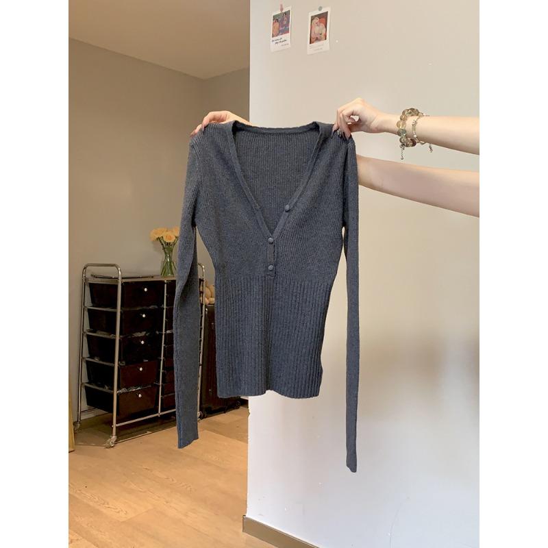 Chic collar gentle wind knitted sweater women's autumn and winter waist slim long sleeve bottom top