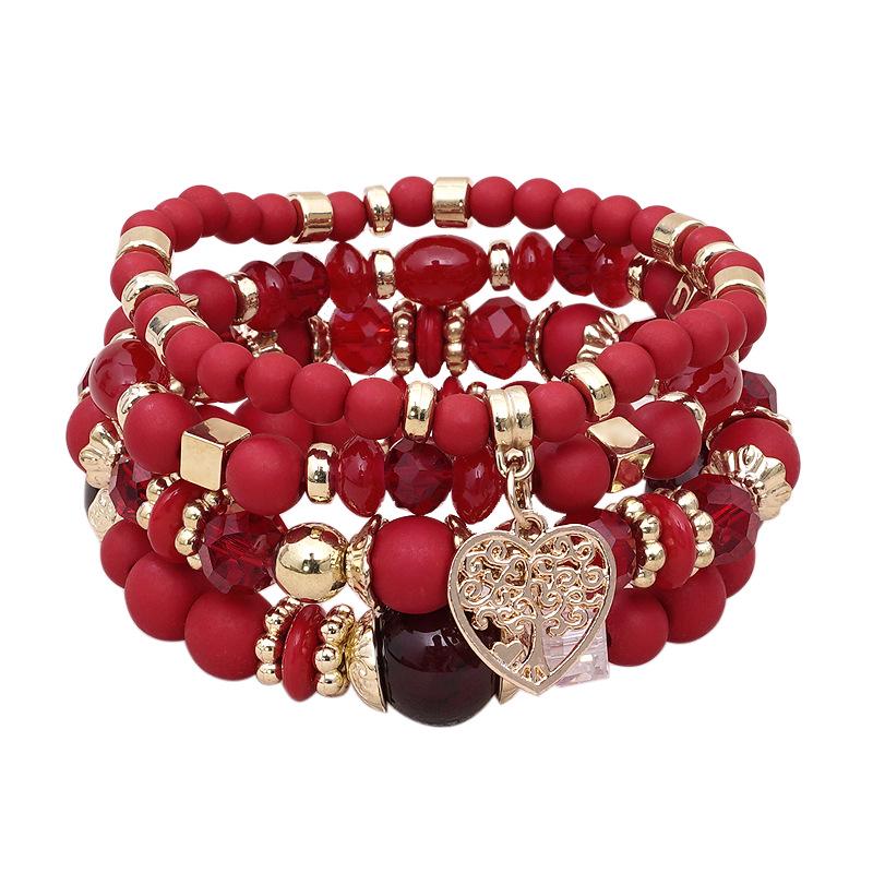 Bohemian Ethnic 4-Piece Bracelet Set: Multi-Layer Stackable with Peach Heart Tree Pendant & Acrylic Beads.