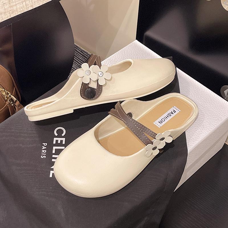 

Summer new bag head half slippers women wear sandals flat-bottomed flowers retro soft-soled Mary Jane shoes 36-37 (one size smaller)