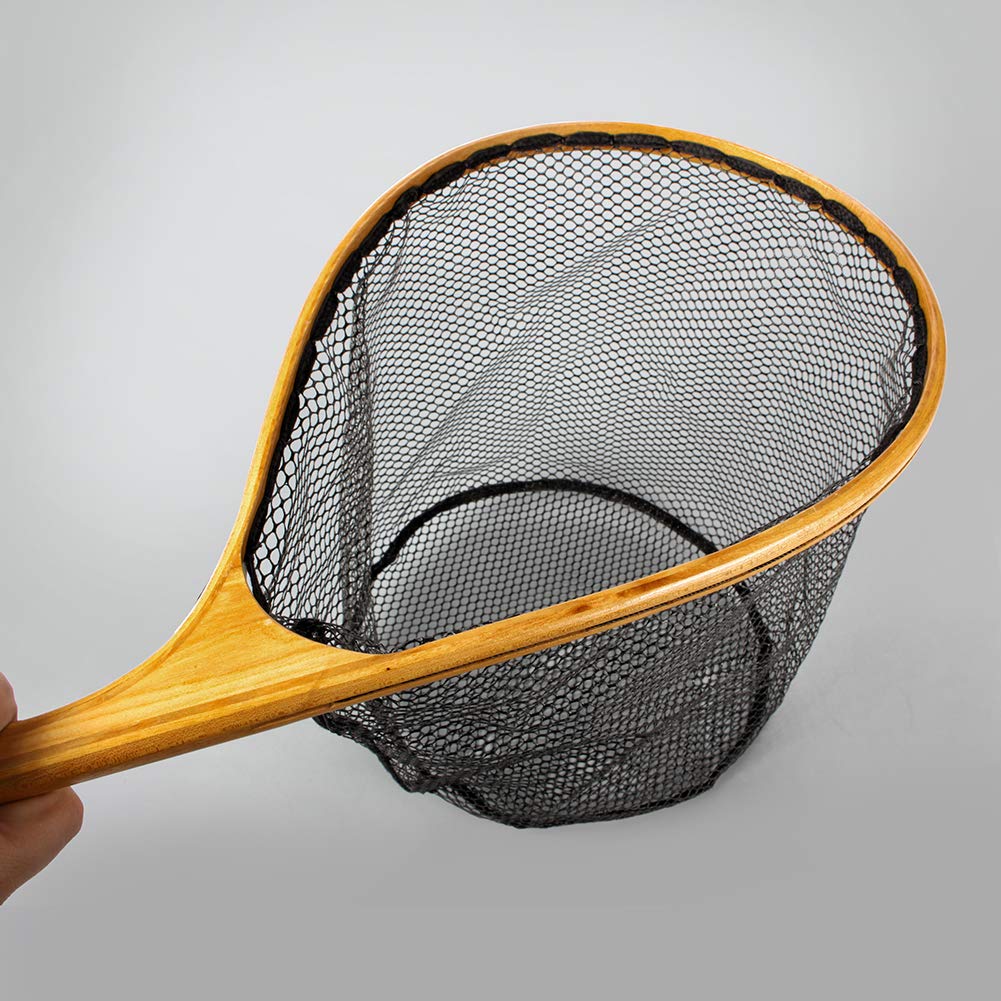 Yoomoo Fly Landing Net, Wooden and Rubber Net, Curved Pattern, for Mountain Stream Fishing, 3.5kg Neodymium Magnet (Crank, Handle, Large, White)