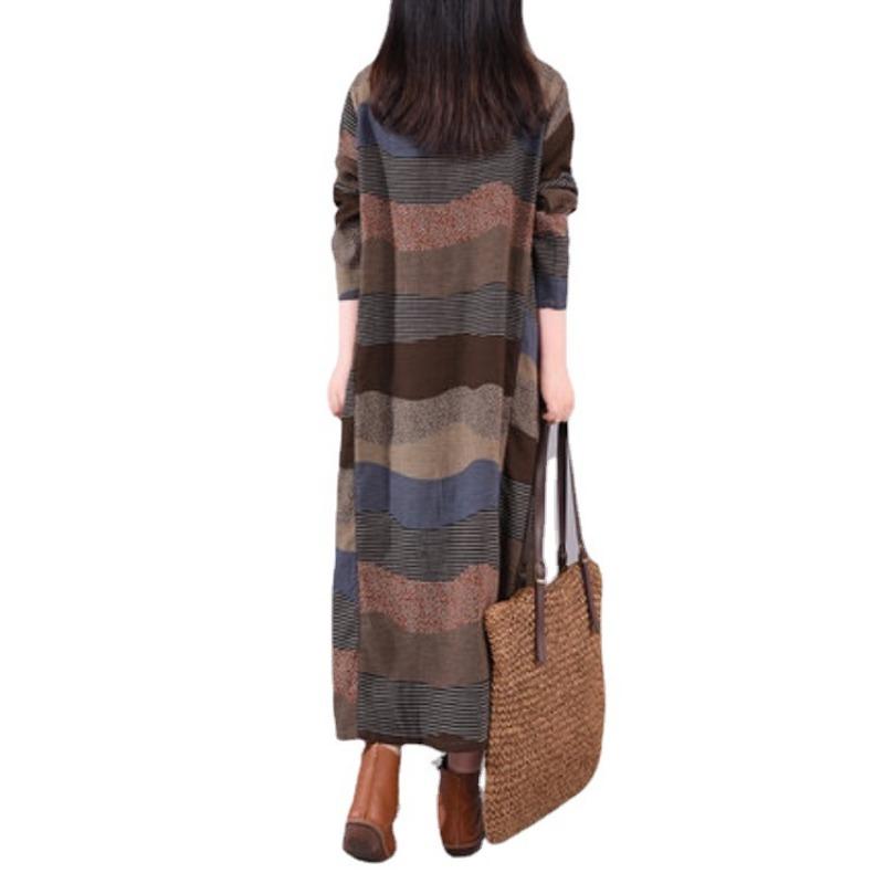 Round Neck Long Sleeved Casual Loose Cotton and Linen Dress