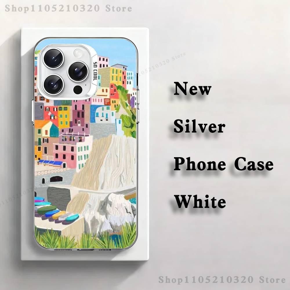 Stylized Houses Painting Phone Case For iPhone 17,16,15,14,13,12,11,Pro,Max,Plus,Mini,XS,SE Anti Fall White Matte Hard Bumper
