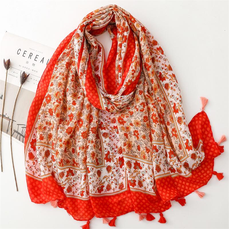 Spring And Summer New Cotton And Hemp Feel Scarf Celebrity Wind Hibiscus Flower Tassel Scarf Warm Shawl 90X180Cm