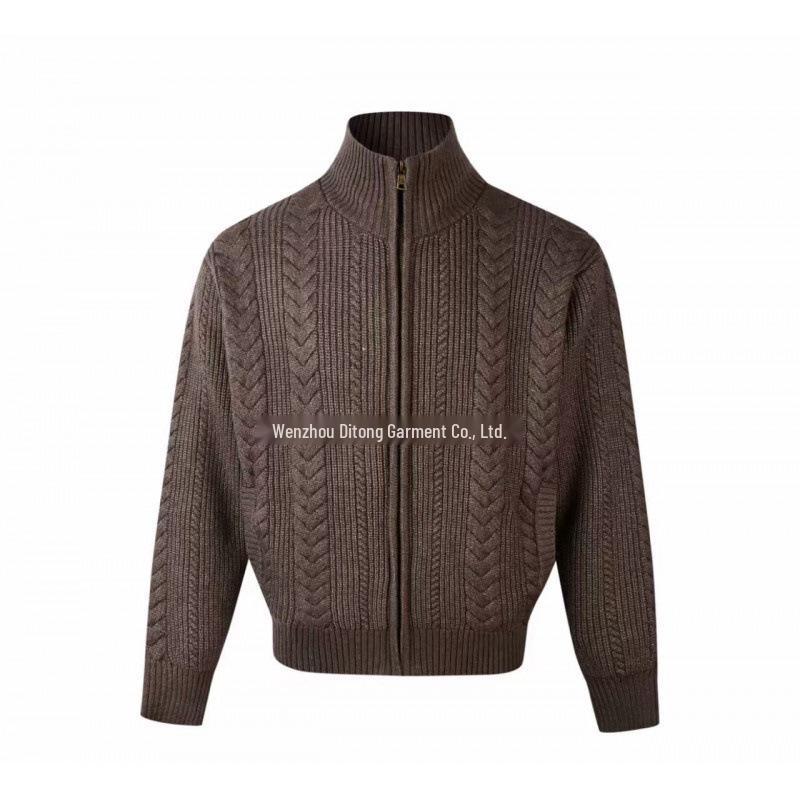 

Men s Khaki Cable Knit Stand Collar Cardigan Sweater XL кавовий