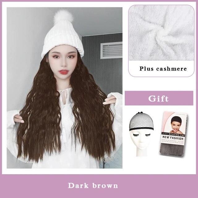 

Парик женские длинные волосы со шляпой парик один женский летний натуральный стиль с полной головой модный сетчатый красный тренд длинные вьющиеся волосы 22inches