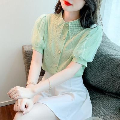 Elegante Camicetta a Maniche a Palloncino in Rete con Perline e Pizzo da Donna, Top Cardigan Versatile Estivo con Lavorazione a Intreccio