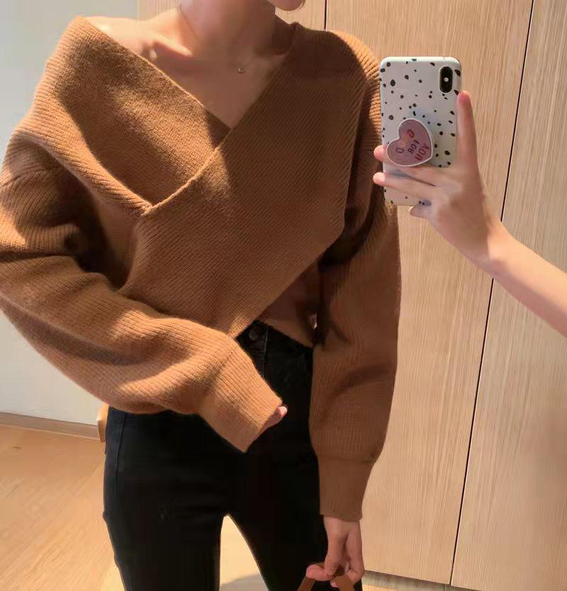 Koreanischer schicker Vintage-Strickpullover mit V-Ausschnitt und Fledermausärmeln für Damen