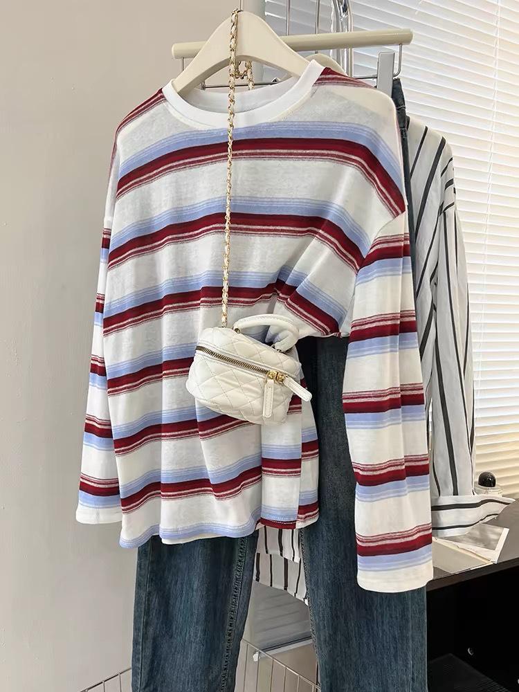 Women's Black Striped Long-Sleeve T-Shirt, Spring/Autumn 2025 Trend, Designer Look, Unique Base Layer, Loose Fit