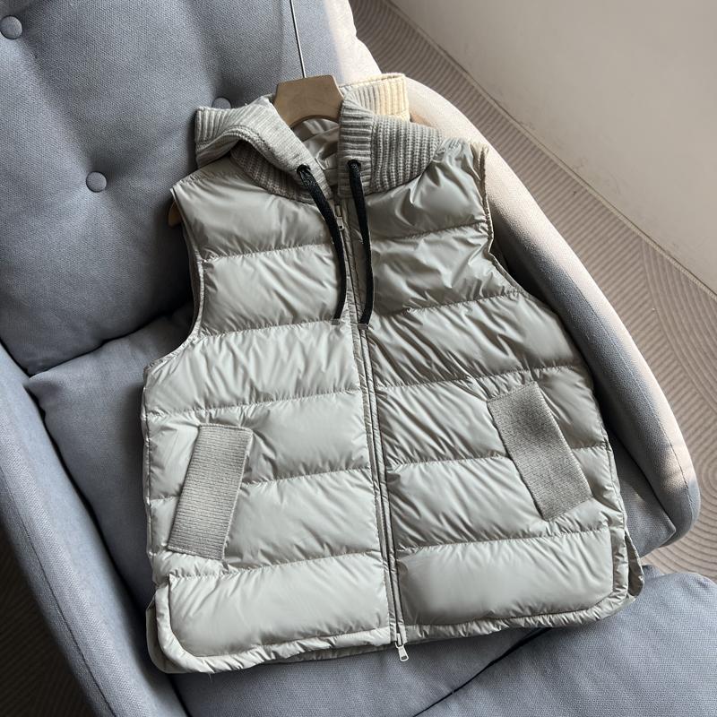 Autumn Knitted Patchwork Sleeveless Down Vest Women Drawstring Hooded Warm Lightweight Down Gilet
