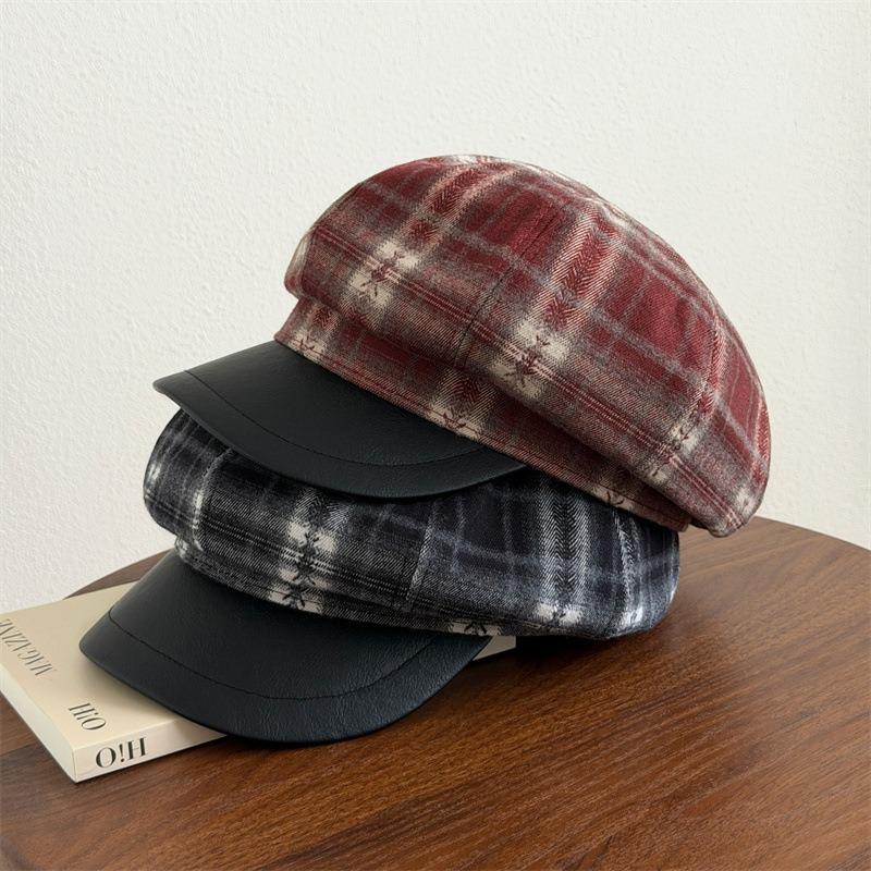 Women S Plaid Octagonal Hat Large Head Circumference Vintage Style Autumn Winter Cap