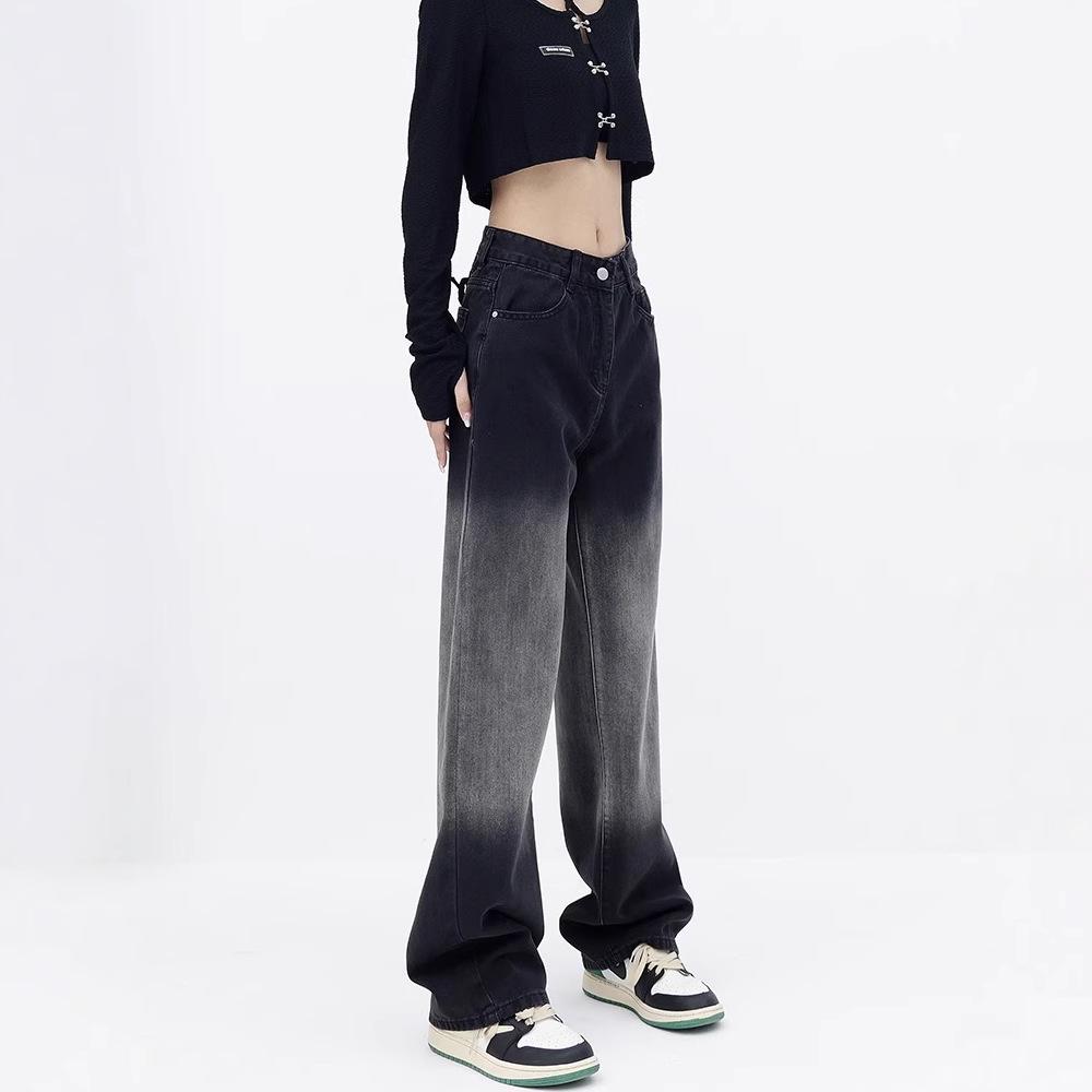 Birnenförmige High-Waist Schwarze Gradient Wide Leg Jeans für Damen - Schlankmachende Straight Leg Hose für Frühling und Herbst