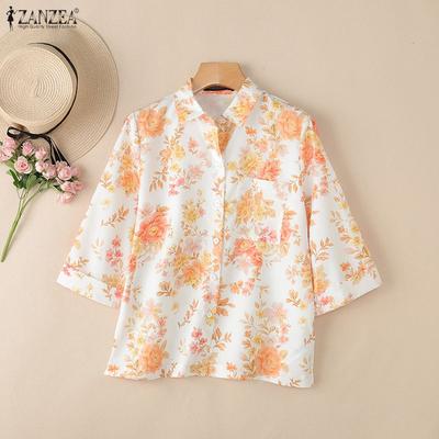 Women Summer Turn Down Collar 3/4 Sleeve Casual Print Blouse