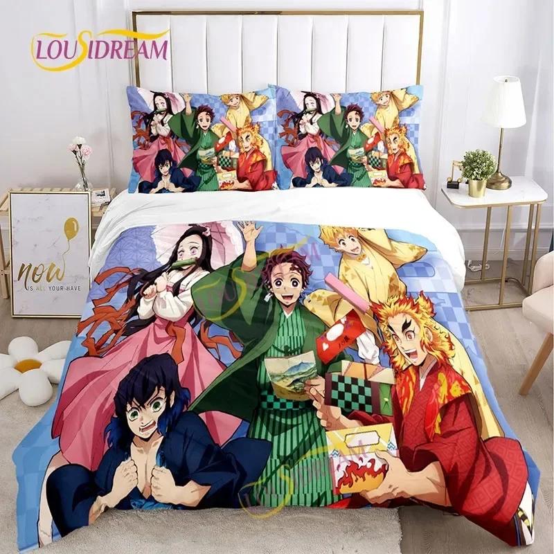 Demon Slayer's Japanese Carton Style Children's Print Beding Set with Soft Fabric Duvet Set Comfortable Bed Size Children's Girl Boy Gift