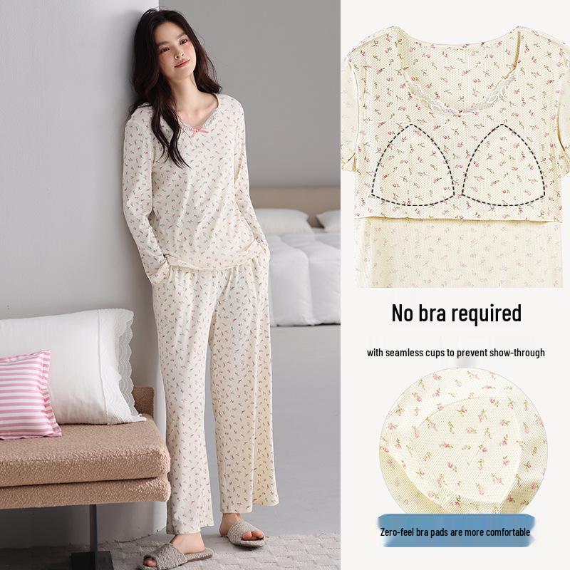 

Модальный женский пижамный комплект с нагрудными вкладышами - Осенний цветочный топ с длинным рукавом и брюки для дома или улицы. L